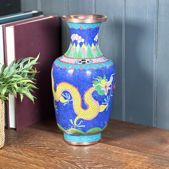 Large Vintage Cloisonne Dragon Vase 10" Copper Enamel Asian Decor Chinese Style - Picture 1 of 17